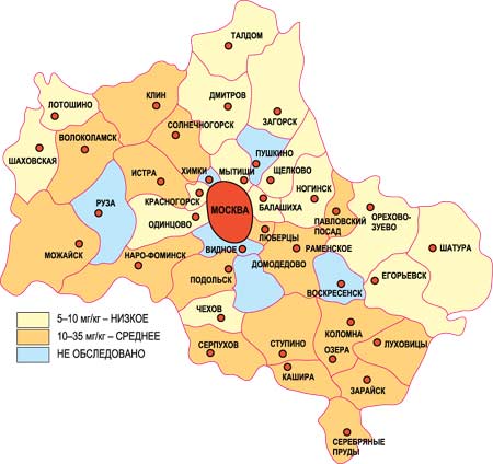 Карта загрязнения и заражения грунта Москвы и Подмосковья свинцом 