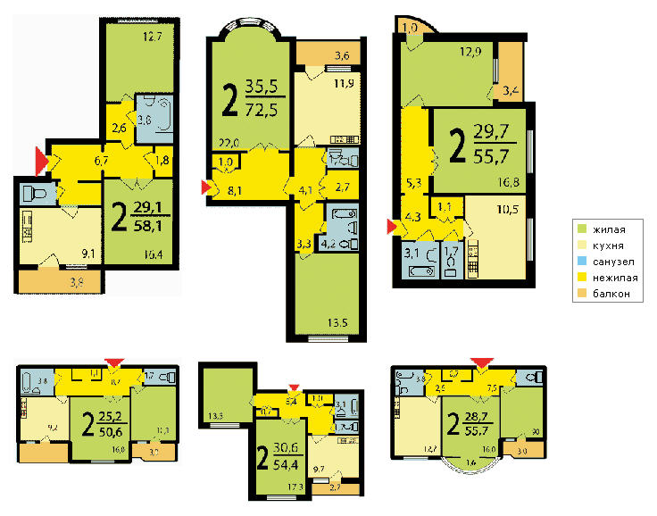 Варианты планировки двухкомнатных квартир домов серии И-155