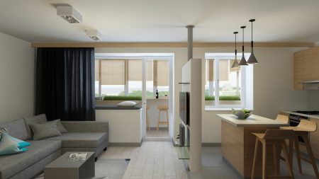 Идея планировки квартиры-студии в светлых тонах с мебелью серого и коричневого цвета