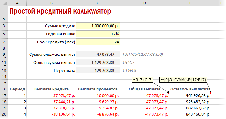 Расчет кредита в Excel